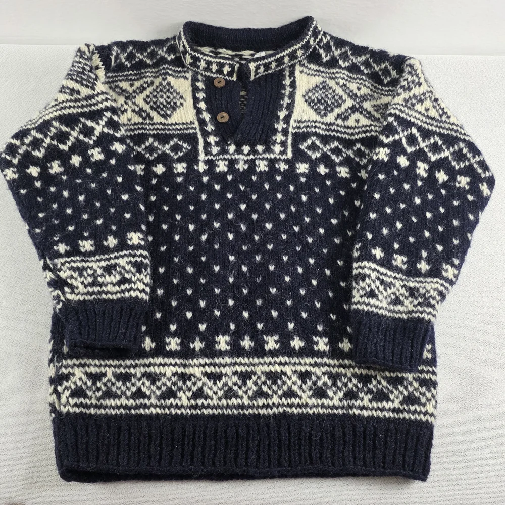 Nepal Men's Chunky Hand Knit Wool Sweater Black White Nordic Pattern - Picture 3 of 12